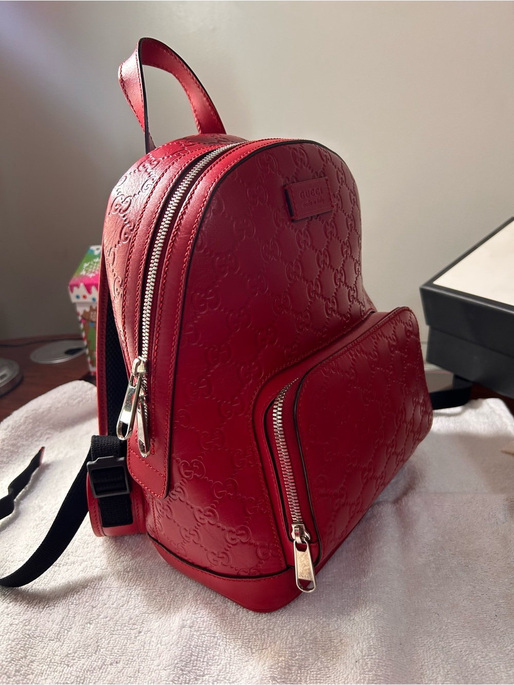 Gucci Red Embossed Leather Mini Backpack with Silver Hardware